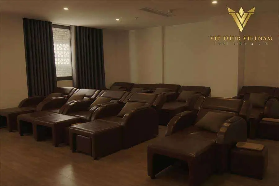 Relaxing after a happy ending massage in a VIP lounge.