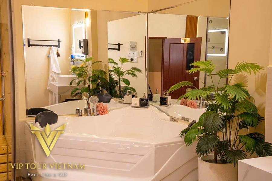 Tranquil built-in stone spa tub feature.